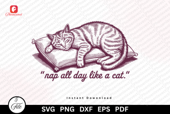 Funny Cozy Lazy Kitty Sleeping Cat SVG Graphics and Illustrations