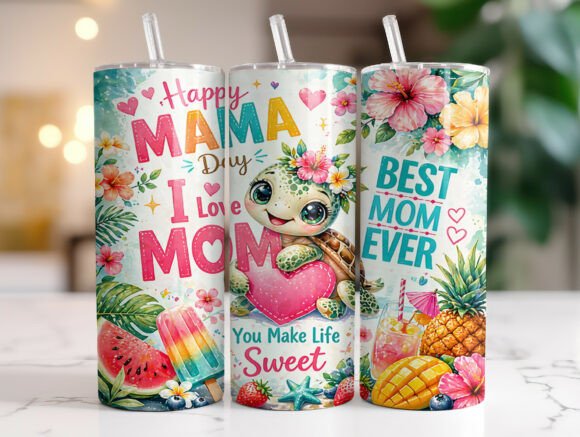 Tropical Turtle Mom Quote Tumbler Wrap Graphics for Designers